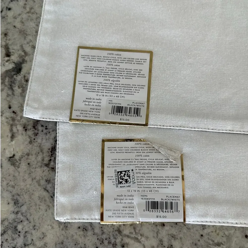 Kate Spade New York Black/White His & Hers set of 4 100% cotton Placemats NWT